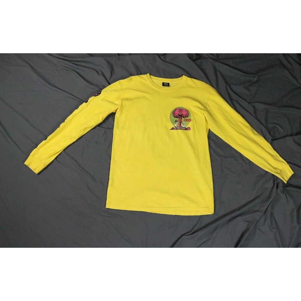 New Stussy Men T Shirt Medium Yellow Multicolor Peace and Love Angels Rare